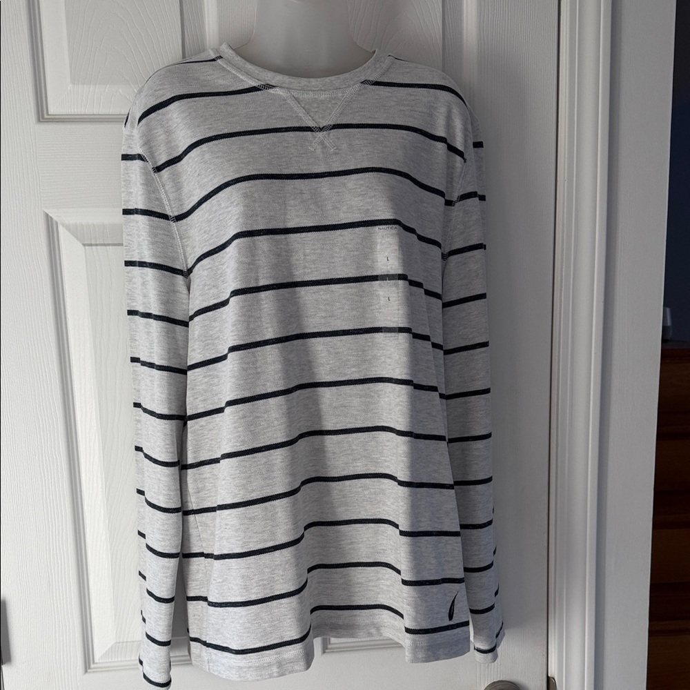 Nautica Gray and Black Striped Long Sleeve Tee